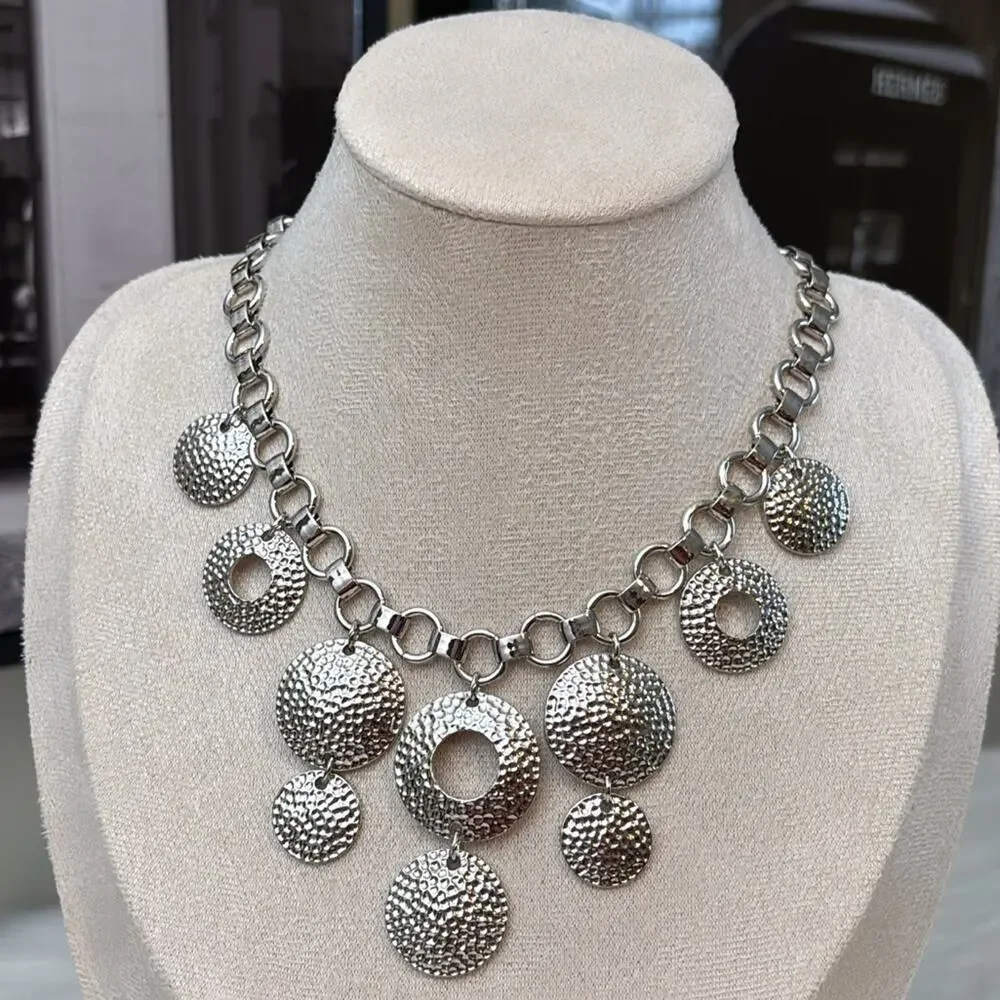 Nina Ricci Silver Textured Disc Pendant Necklace